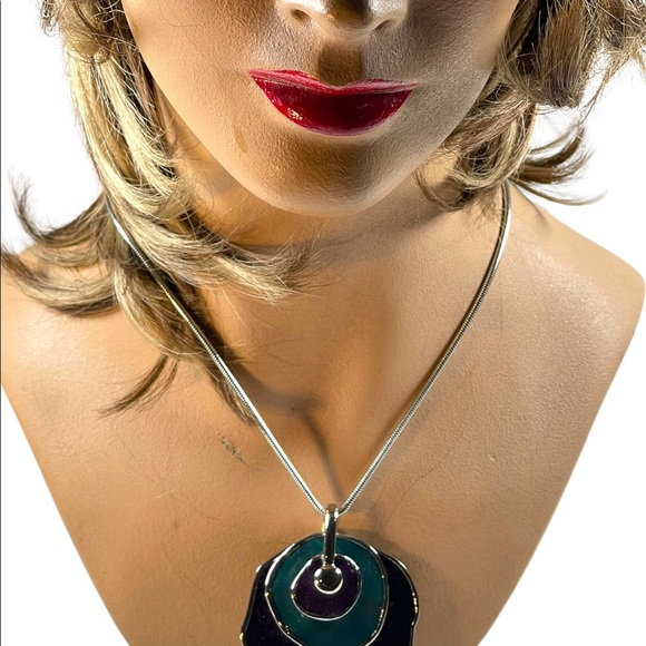 Vintage 1980s Silver finish Purple & teal abstract disk chunky necklace - Picture 2 of 12